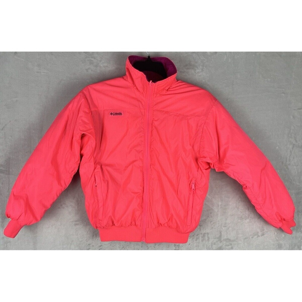 VTG COLUMBIA Women Jacket Medium Neon Pink Puffer Reversible Down Quilted Casual